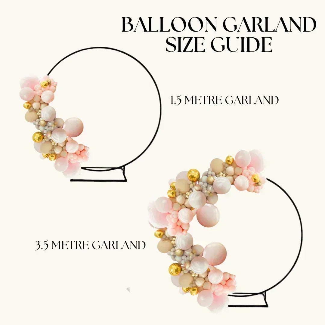 Balloon garland size guide showing 1.5 metre and 3.5 metre options with pink, gold, and white balloons for kids parties