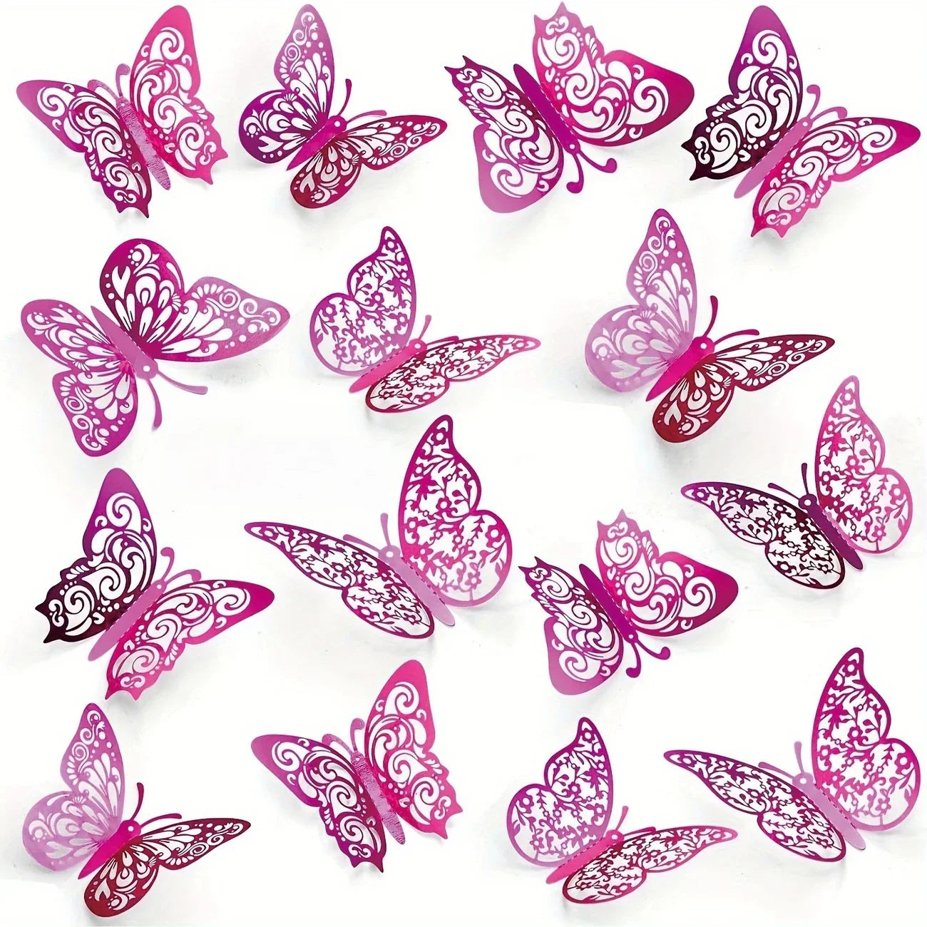 Set of decorative 3D pink and purple butterfly stickers with intricate patterns on white background