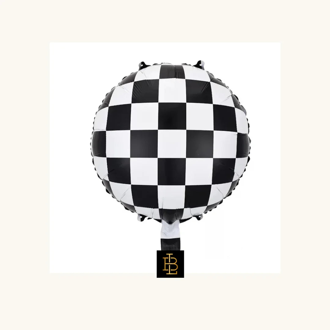 Round black and white checkered foil balloon with La Bambina logo for kids party decoration