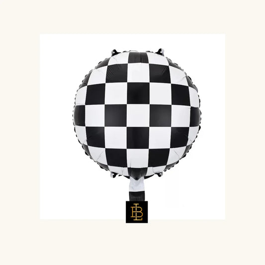 Round black and white checkered foil balloon with La Bambina logo for kids party decoration