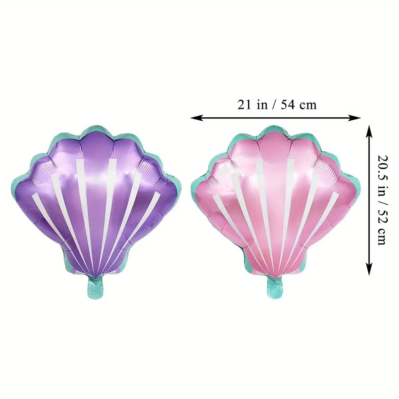 Purple and pink foil balloons shaped like seashells, measuring 21 by 20.5 inches, for kids party decor