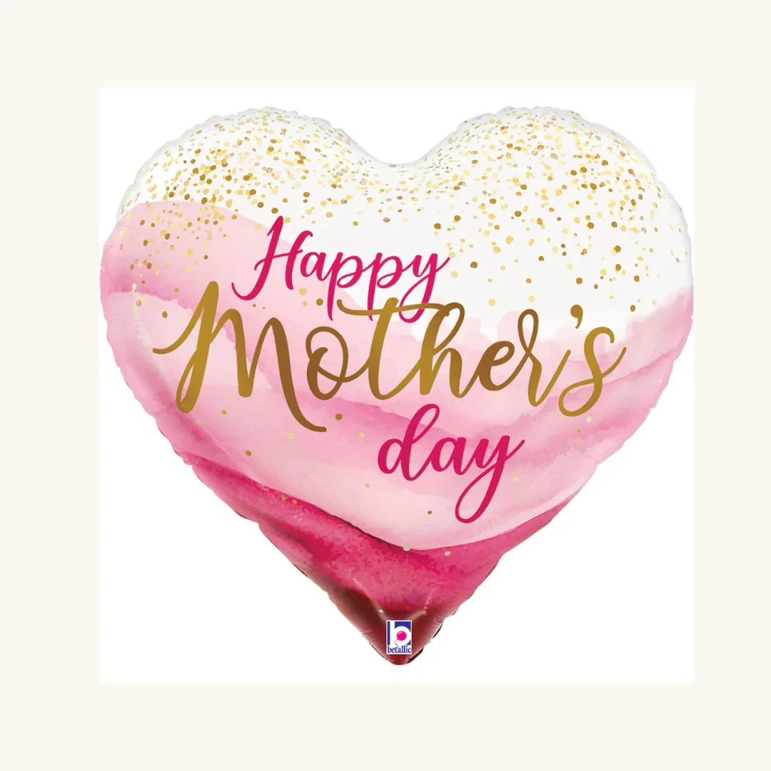 Heart-shaped Mother's Day foil balloon with pink watercolor and gold confetti design