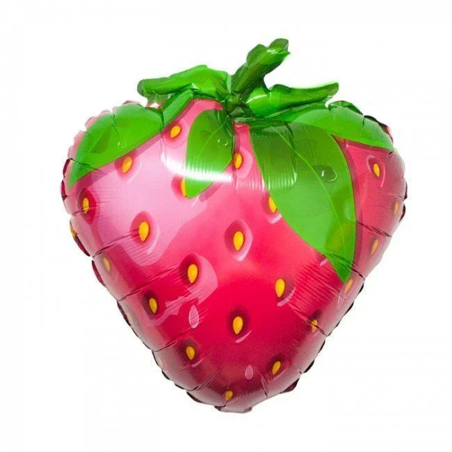 Pink strawberry-shaped foil balloon with green leaves, ideal for children's party decoration